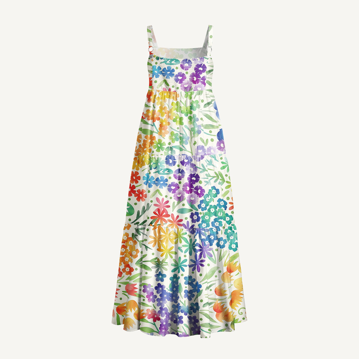 Fun Rainbow Print Wide Straps Maxi Dress With Pockets
