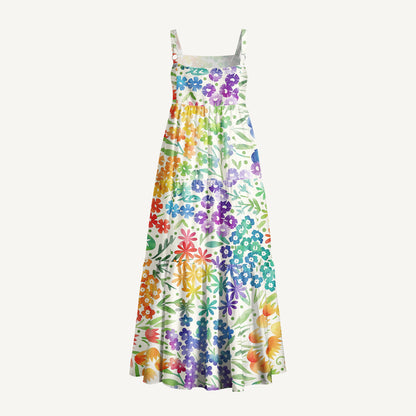 Fun Rainbow Print Wide Straps Maxi Dress With Pockets