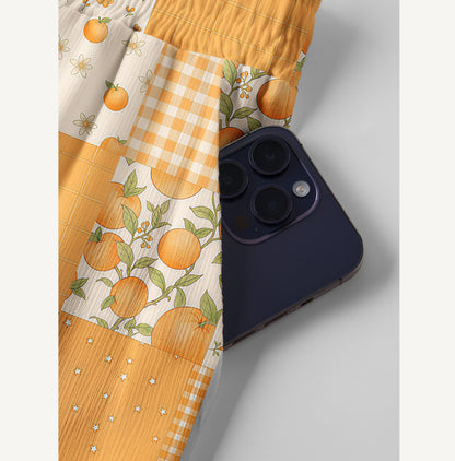 Lemon Sunshine Patchwork Print Wide Leg Tie Waist Pants With Pockets