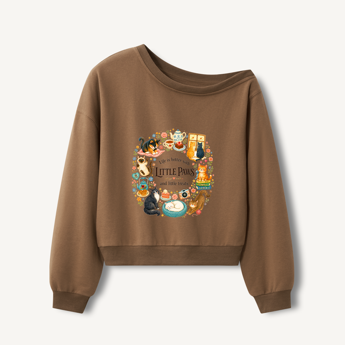 Cozy Cat Life Print Off Shoulder Sweatshirts
