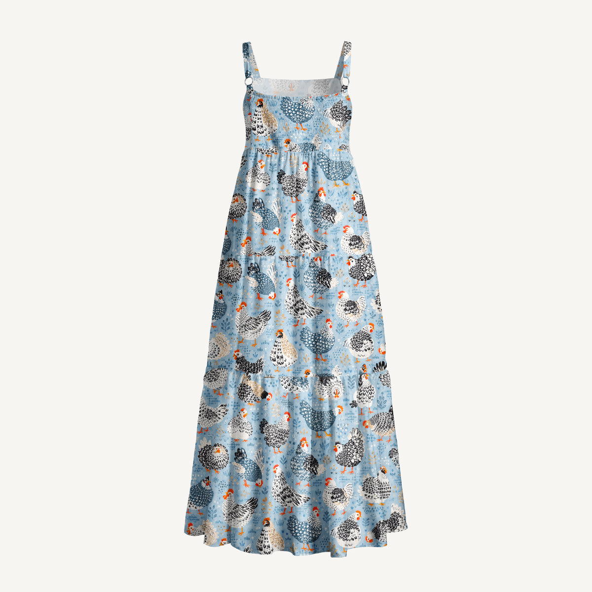Chickens Blue Print Wide Straps Maxi Dress With Pockets