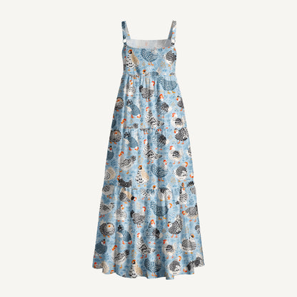 Chickens Blue Print Wide Straps Maxi Dress With Pockets