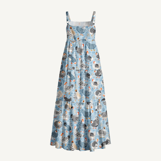 Chickens Blue Print Wide Straps Maxi Dress With Pockets
