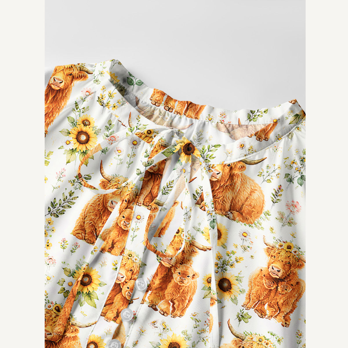Spring Highland Cow Floral Print Boho Tie‑Neck Smock Mini Dress