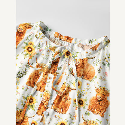 Spring Highland Cow Floral Print Boho Tie‑Neck Smock Mini Dress