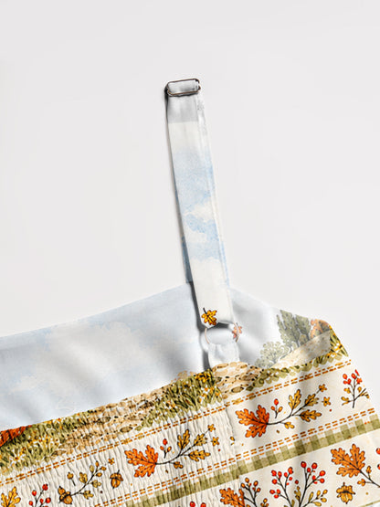 Autumn Cottage Farm Print Wide Straps Maxi Dress With Pockets