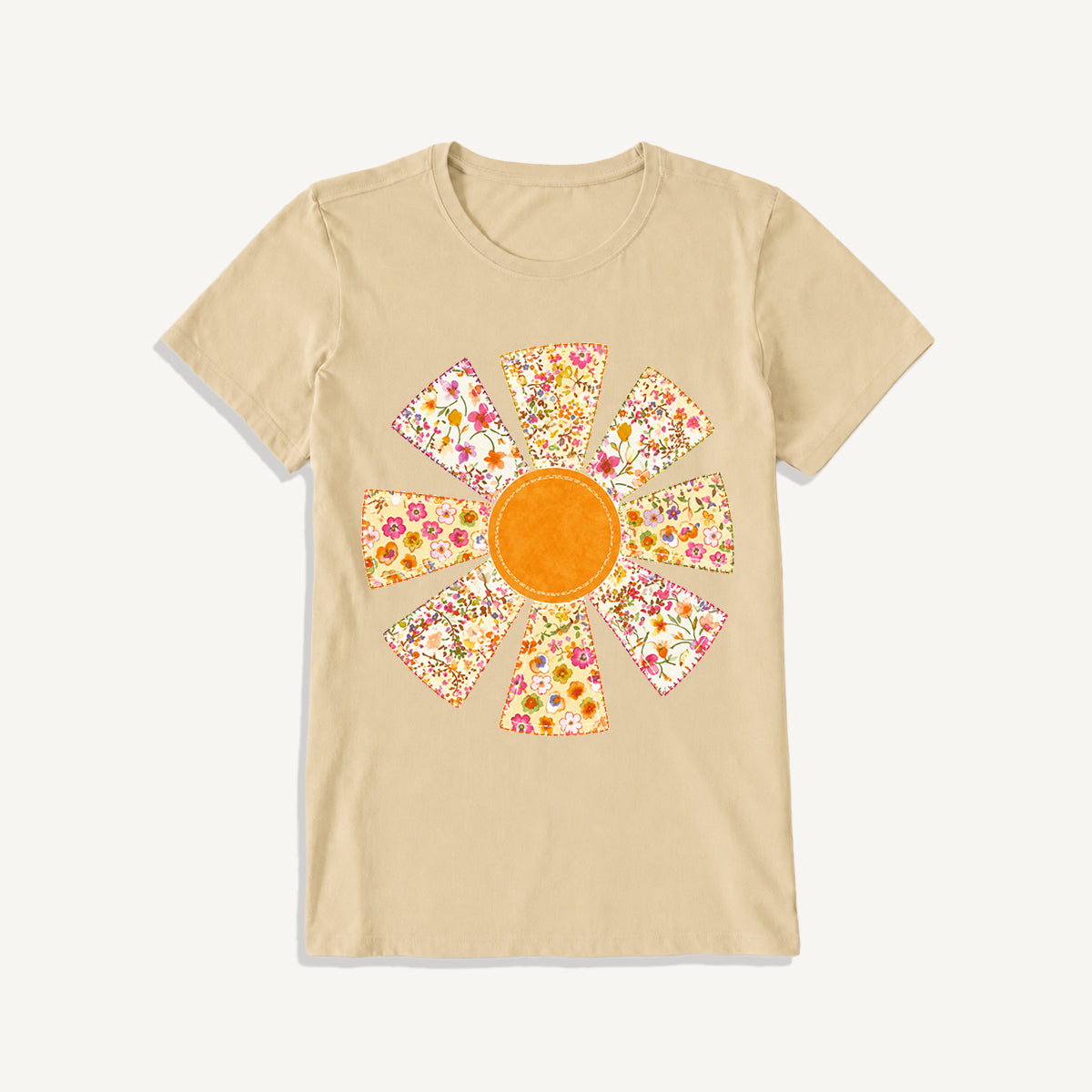 Golden Patchwork Daisy Print Crew Neck Cotton Tee