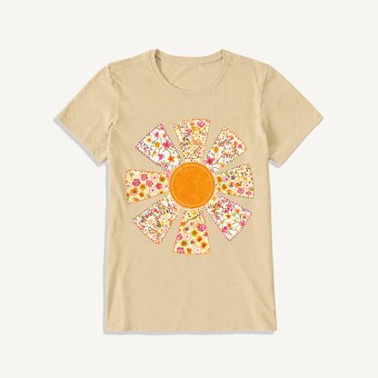 Golden Patchwork Daisy Print Crew Neck Cotton Tee