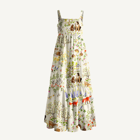 Whimsical Forest Animals Print Wide Straps Maxi Dress With Pockets