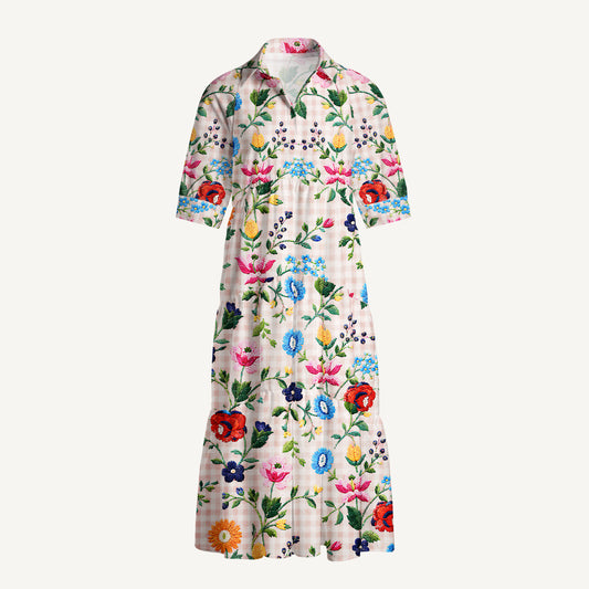 Embroidered Meadow Gingham Print Casual Midi Dress With Pockets