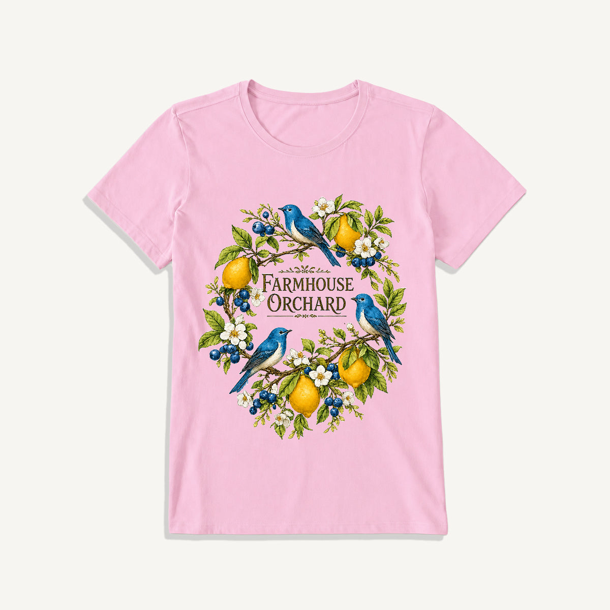 Farmhouse Orchard Bluebirds Print Crew Neck Cotton Tee