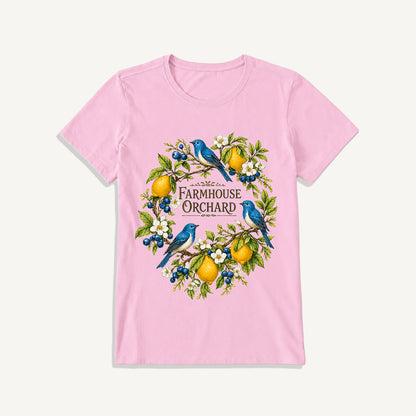 Farmhouse Orchard Bluebirds Print Crew Neck Cotton Tee