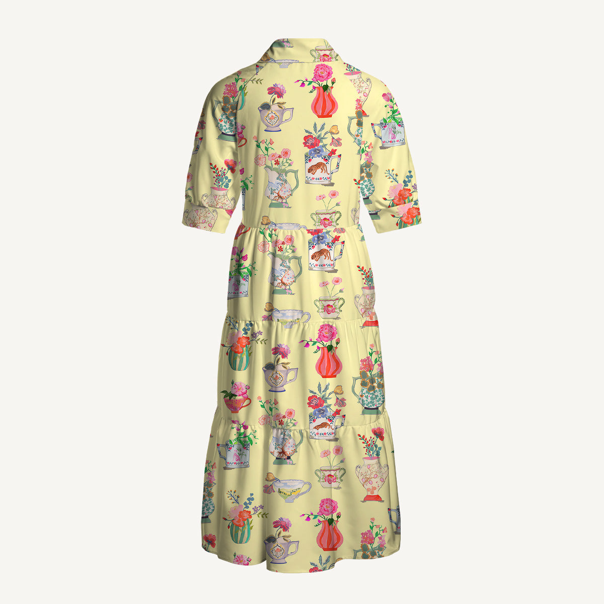 V Neck Collared Colorful Flower Vase Print Casual Midi Dress With Pockets