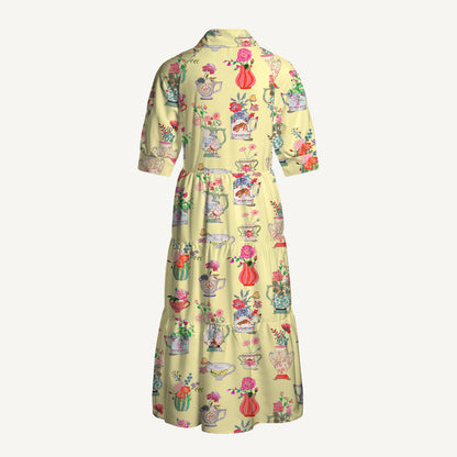 V Neck Collared Colorful Flower Vase Print Casual Midi Dress With Pockets