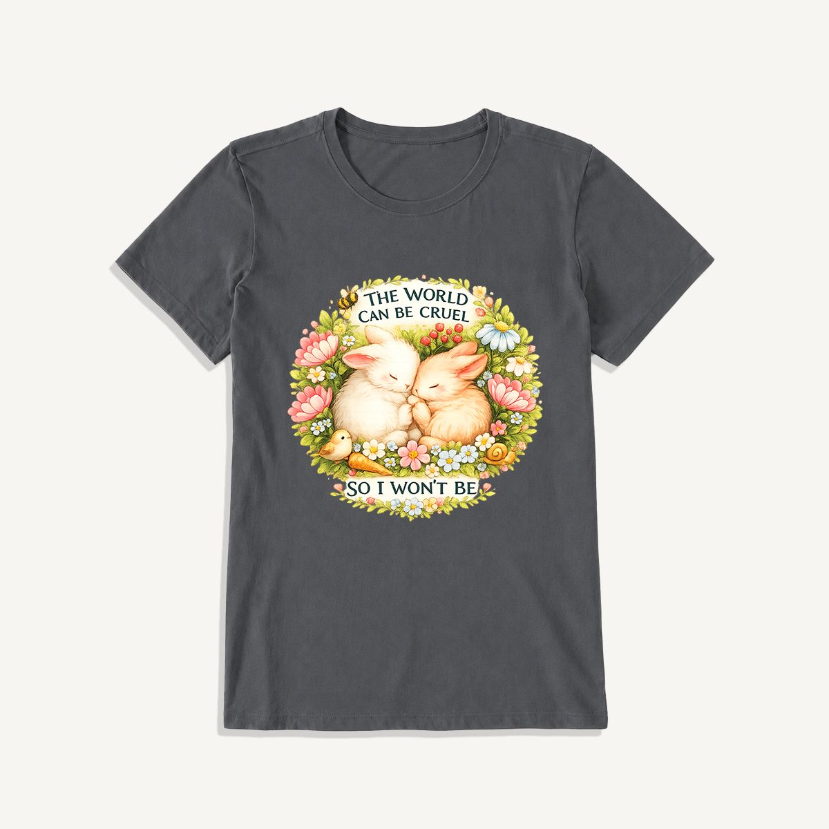 Gentle Bunny Embraces Print Crew Neck Cotton Tee