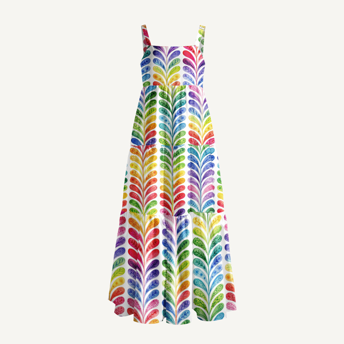 Rainbow Feather Stripes Print Wide Straps Maxi Dress With Pockets