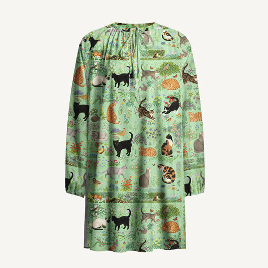 Botanical Cat Garden Print Boho Tie‑Neck Smock Mini Dress