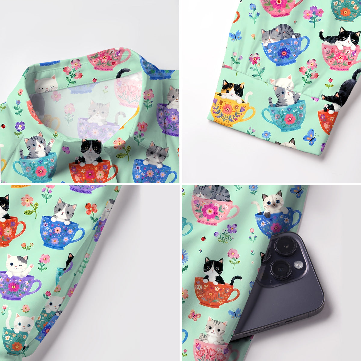 V Neck Collared Cute Teacup Kitten Print Mini Dress For Women With Pockets