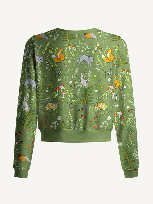 Lightweight Crew Neck Long‑Sleeve Cropped Whimsical Woodland Animals Print Fine‑Knit Cardigan