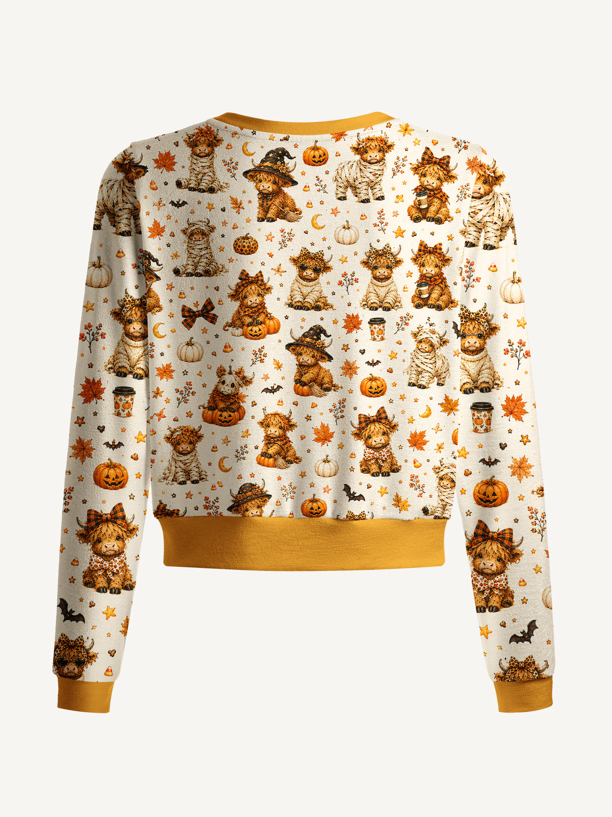 Lightweight Crew Neck Long‑Sleeve Cropped Spooky Highland Cows Print Fine‑Knit Cardigan