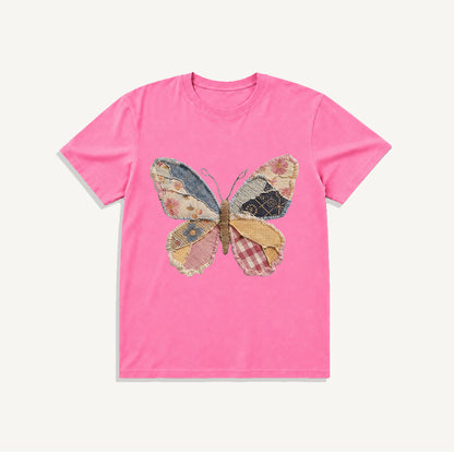 Quilt Patch Butterfly Print Crew Neck Cotton Tee