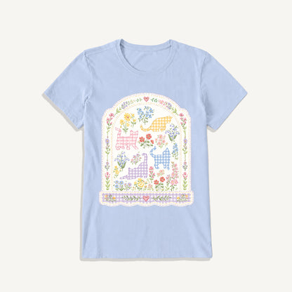 Gingham Cats Arch Frame Print Crew Neck Cotton Tee