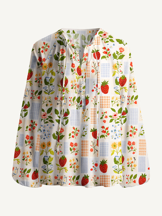 Strawberry Garden Patchwork Print Boho Long Sleeve Tie‑Neck Blouse