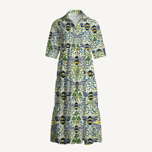 V Neck Collared Botanical Bee Garden Wildflowers Print Casual Midi Dress With Pockets