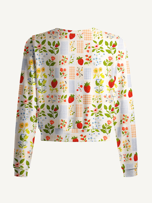 Lightweight Crew Neck Long‑Sleeve Cropped Strawberry Garden Patchwork Print Fine‑Knit Cardigan