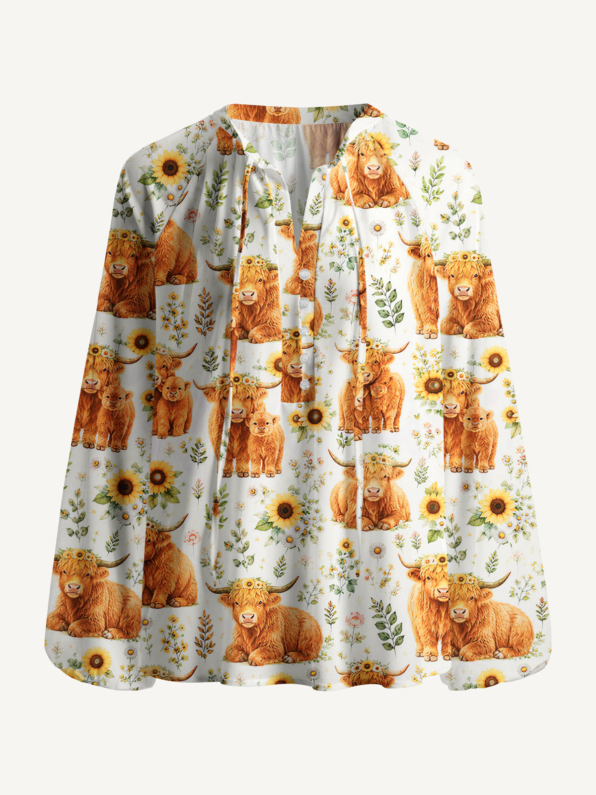 Spring Highland Cow Floral Print Boho Long Sleeve Tie‑Neck Blouse