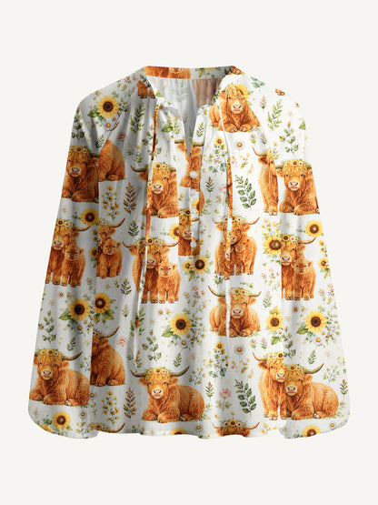 Spring Highland Cow Floral Print Boho Long Sleeve Tie‑Neck Blouse