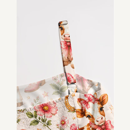 Pink Cow Cowgirl Boots Floral Print Wide Straps Maxi Dress With Pockets