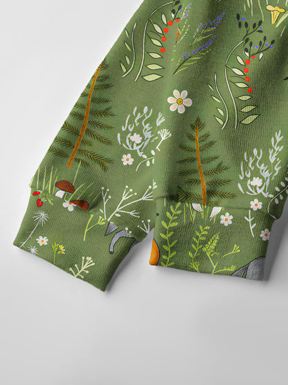 Lightweight Crew Neck Long‑Sleeve Cropped Whimsical Woodland Animals Print Fine‑Knit Cardigan