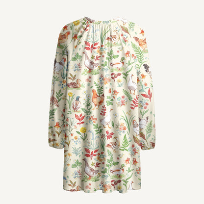 Countryside Garden Critter Print Boho Long Sleeve Tie‑Neck Smock Mini Dress