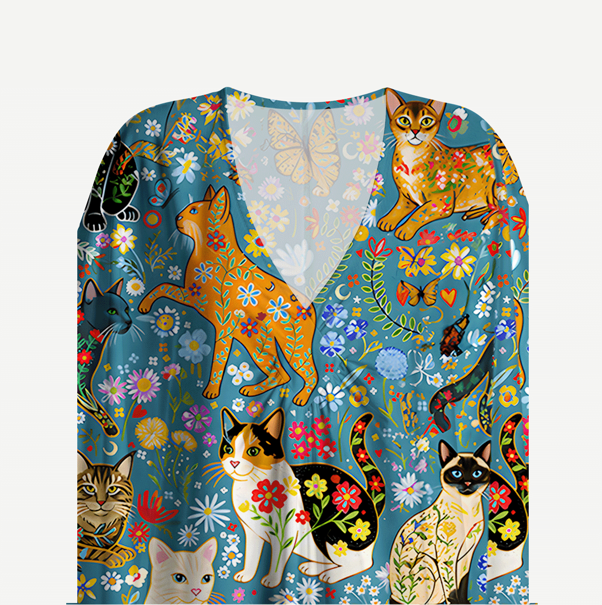 V‑Neck Colorful Garden Cat Kimono Sleeve Kaftan Dress