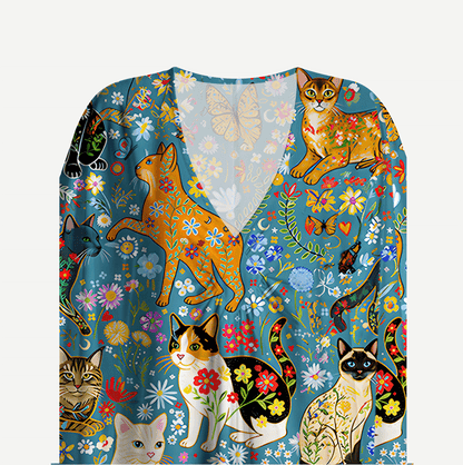V‑Neck Colorful Garden Cat Kimono Sleeve Kaftan Dress