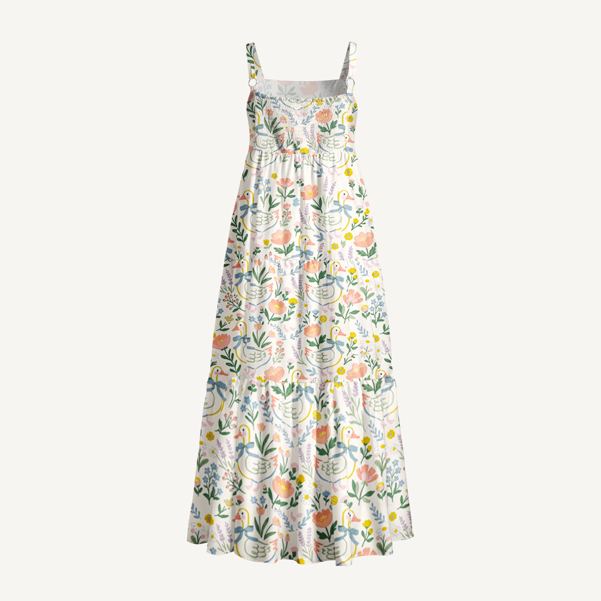 Sweet Floral Duck Wide Straps Maxi Dress With Pockets