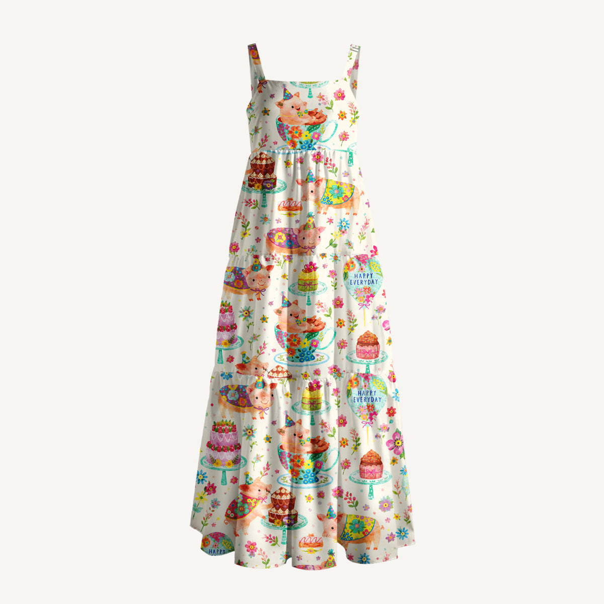 Piggies Happy Everyday Print Wide Straps Maxi Dress With Pockets