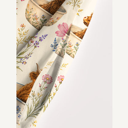 Highland Cow Teacup Floral Print Wide Straps Maxi Dress With Pockets