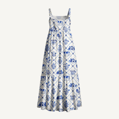 Country Delft Blue Patchwork Print Wide Straps Maxi Dress With Pockets
