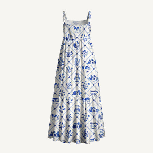 Country Delft Blue Patchwork Print Wide Straps Maxi Dress With Pockets