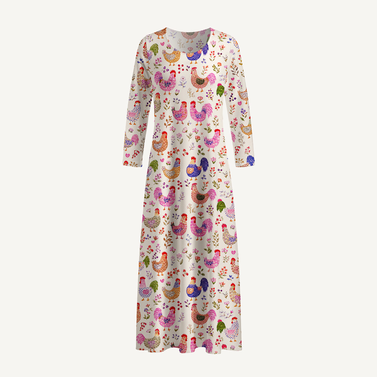 Colorful Farm Chickens Print Soft-Touch Stretch Knit Long Sleeve Maxi Dress with Pockets