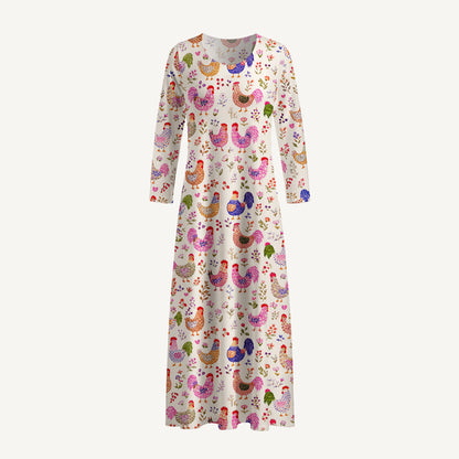 Colorful Farm Chickens Print Soft-Touch Stretch Knit Long Sleeve Maxi Dress with Pockets