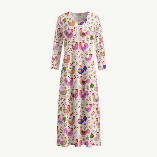Colorful Farm Chickens Print Soft-Touch Stretch Knit Long Sleeve Maxi Dress with Pockets