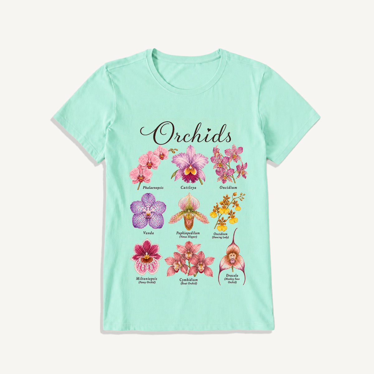 Vintage Orchid Botanical Illustration Print Crew Neck Cotton Tee