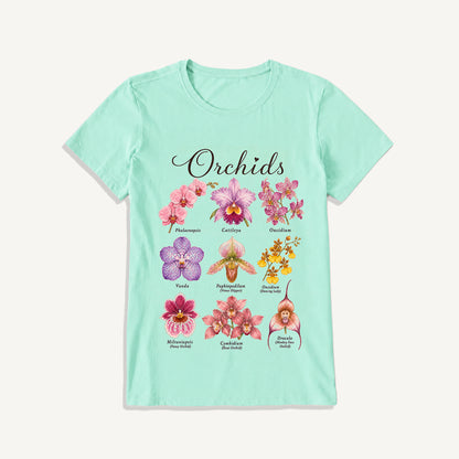Vintage Orchid Botanical Illustration Print Crew Neck Cotton Tee