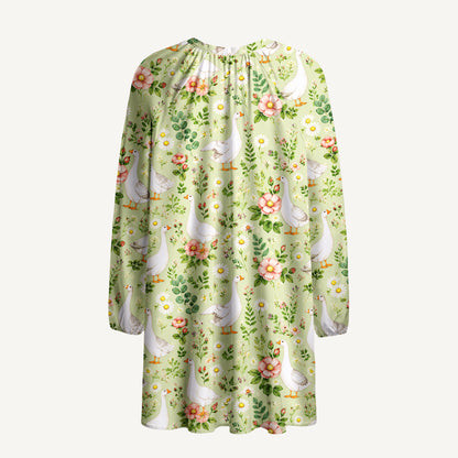 Pastoral Goose Garden Print Boho Long Sleeve Tie‑Neck Smock Mini Dress
