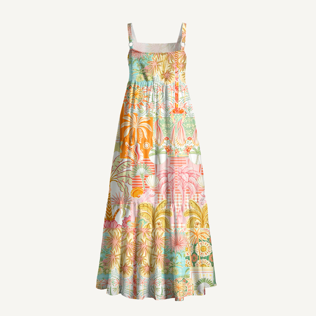 Bohemian Tropical Paradise Print Wide Straps Maxi Dress With Pockets