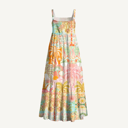 Bohemian Tropical Paradise Print Wide Straps Maxi Dress With Pockets