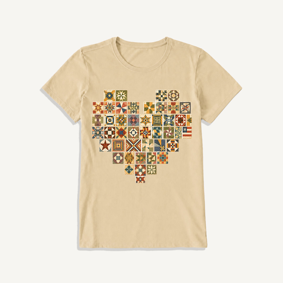 Vintage Quilt Block Heart Print Crew Neck Cotton Tee